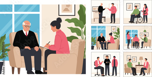 Senior man talking with therapist in armchair, elderly care scenes, patient in wheelchair, mental health support, counseling session, flat vector character illustration set