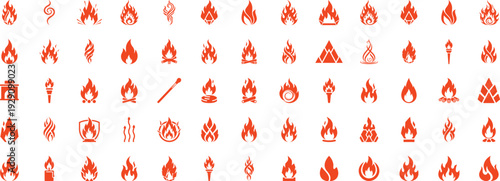 A collection of various flame icons representing fire in different forms and styles