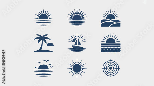 Set of nine navy blue beach and sun icons on light gray background
