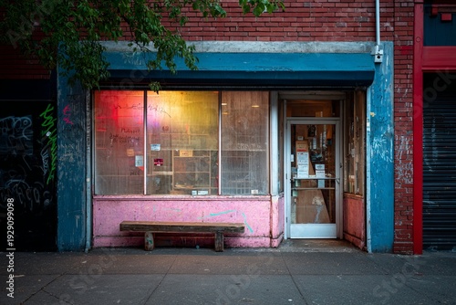 A small, colorful storefront with a bench, a rollup door, and a door, captured at dusk
