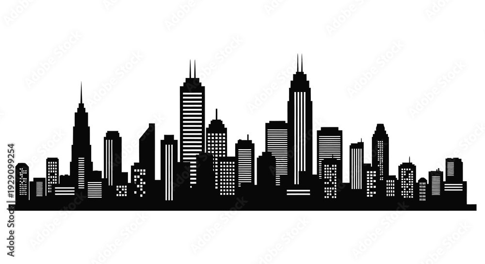 Fototapeta premium A striking black cityscape depiction with varying building heights and architectural details presented as a silhouette high quality professional