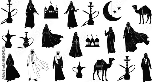 Arabic cultural silhouettes set featuring traditional middle eastern people in thobe and abaya mosques camels hookah shisha pipes and coffee pots for islamic heritage and desert travel.