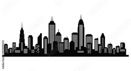 A striking black cityscape depiction with varying building heights and architectural details presented as a silhouette high quality professional