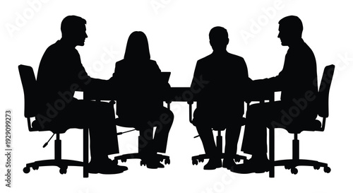 A group of business professionals are seated around a conference table in a stark bold silhouette high quality professional