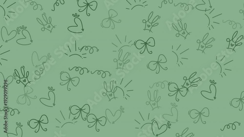 Whimsical illustration pattern filled with bunnies, bows, hearts, suns, and squiggles. Perfect for childrens books, greeting cards, or prints.