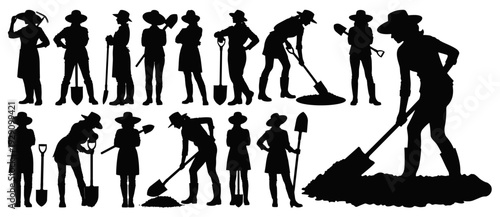 Female Farmer and Gardener Silhouette Collection with Tools Isolated on Transparent Background