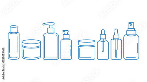 set of various beauty product bottles and containers in blue line art style on white background
