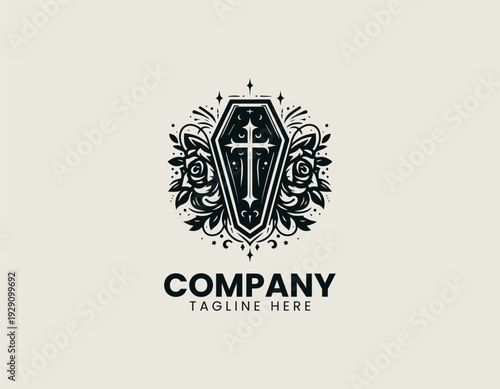 Gothic coffin with roses and cross in clean modern vector illustration style