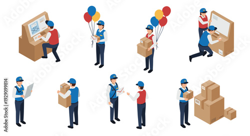isometric mail carrier characters with parcels balloons and mailbox hand drawn delivery service illustration set