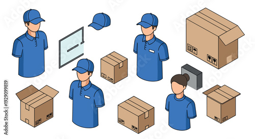 isometric delivery and logistics worker set with uniform boxes and accessories hand drawn vector illustration