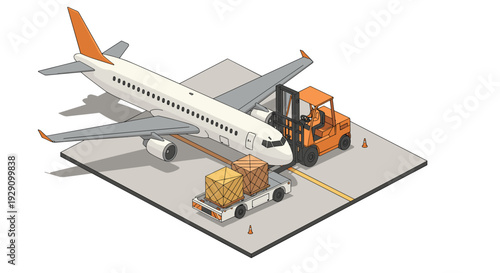 airplane cargo loading with forklift and freight truck in hand drawn style