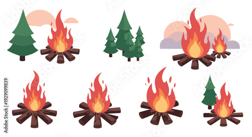 campfire with green pine trees set in hand drawn style outdoor camping elements collection