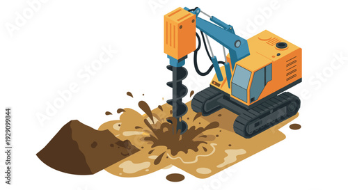 construction drilling machine with auger digging hole in soil hand drawn isometric illustration