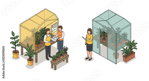 isometric greenhouse with plants and people interacting in a hand drawn style illustration for gardening and plant care