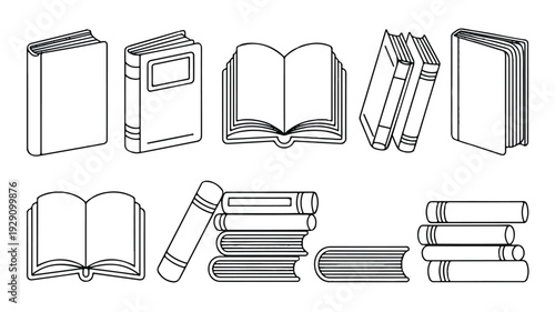 Set of various book illustrations in outline style for educational or literary use