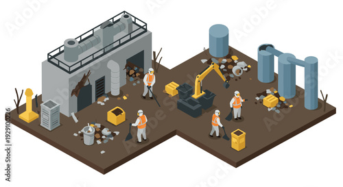 isometric construction workers cleaning industrial site with damaged building and machinery hand drawn vector illustration