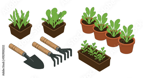collection of hand drawn potted plants and gardening tools with soil for home gardening and planting illustration