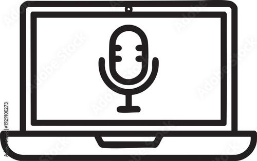 Laptop displaying a microphone icon for audio recording, podcasting, or online communication.