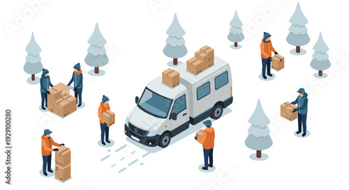 delivery van with workers carrying boxes in winter forest hand drawn isometric illustration for logistics and shipping concept