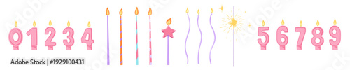 Birthday candles for cake decoration. Simple hand drawn burning candle numbers, star, sparkle on white background. Anniversary celebration party decor vector elements for design, sticker, print, web