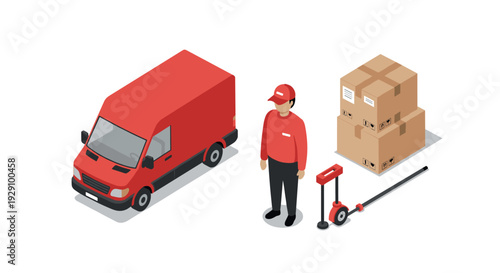 isometric delivery van with courier worker measuring wheel and stacked cardboard boxes in red black and beige colors