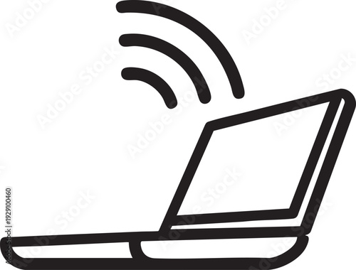 Laptop emitting wireless signal waves, symbolizing connectivity, Wi-Fi, and network access.