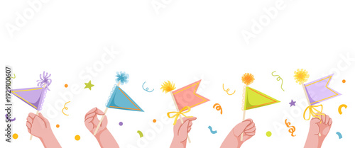 Hands waving with festive flags and party decorations with confetti. Horizontal banner with empty copy space. Hand drawn celebration elements for invitations, event banners, posters, ads