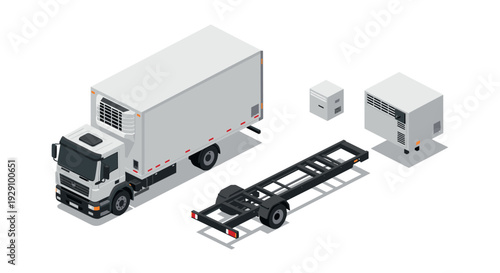 isometric refrigerated truck with chassis and cooling unit components in modern vector style for logistics and transportation