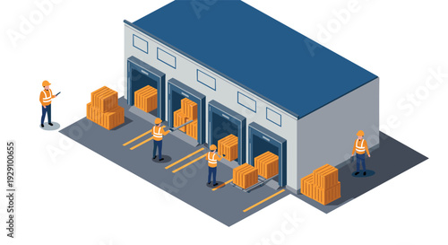 workers loading and unloading cargo boxes at warehouse docks isometric illustration