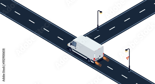 isometric white delivery truck driving on road intersection with street lamps and traffic sign modern vector illustration