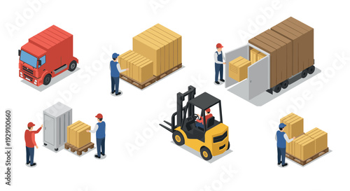 isometric logistics warehouse workers loading and unloading boxes with truck forklift and pallet set in flat style