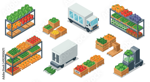 isometric fresh vegetable crates shelves and delivery trucks set in vector style for grocery and farm market illustration