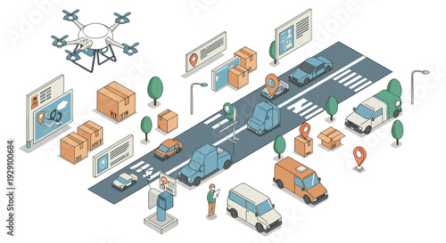 isometric delivery and logistics concept with drone packages vehicles and location icons in hand drawn style