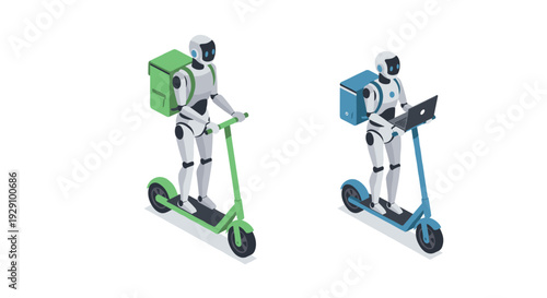 two isometric robots riding electric scooters with delivery backpacks and laptop in hand drawn style