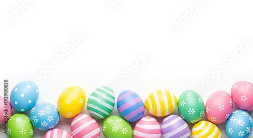 Colorful Easter eggs arranged along the bottom edge of a white background create a festive Happy Easter background with space for text.