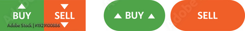 Green and Orange Vector Trading Button Set Featuring Buy and Sell Action Labels with Directional Arrows for Stock Market Exchange and Financial Apps