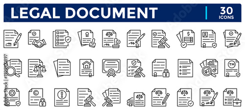 Legal Document icon collection. Contains icons for amendment, copyright, permit, trademark, patent, affidavit, license, deed. Simple line vector illustrations.	