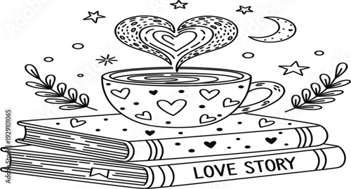 Love Story Book and Coffee Cup Doodle Line Art with Hearts Moon and Stars Romantic Reading Concept for Valentine Coloring Page Vector Illustration