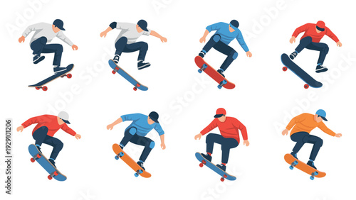 set of skaters performing tricks on skateboards in flat vector style