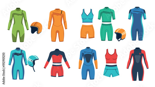 collection of colorful hand drawn wetsuits helmets and surfwear set for water sports