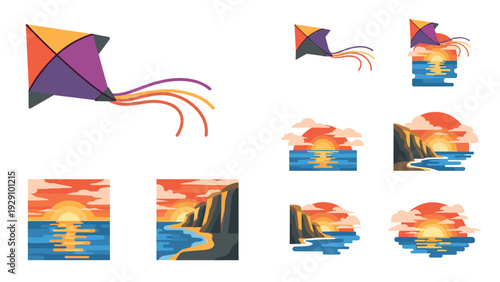 colorful kite flying above sunset ocean coastline hand drawn illustrations collection