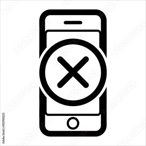 Mobile phone with cancel symbol on screen rejecting or deleting