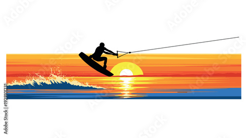 silhouette of wakeboarder jumping over water with sunset background in vector style