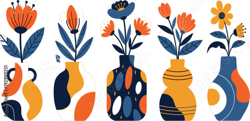 Modern Abstract Floral Vase Set with Colorful Flowers and Decorative Ceramic Pots for Home Decor and Contemporary Art Vector Illustration