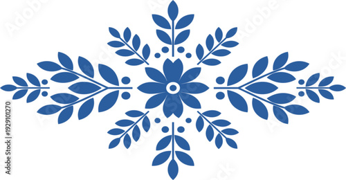 Blue Floral Folk Ornament with Symmetrical Leaf Pattern in Scandinavian Style Decorative Vector Illustration Design