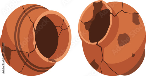 Broken Clay Pot Illustration with Cracked Ceramic Jar Pieces and Damaged Earthenware for Repair, Archaeology, and Vintage Pottery Vector Design