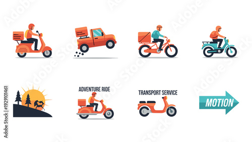 set of delivery transport service icons with motorcycles scooters pickup truck and adventure ride in colorful flat style