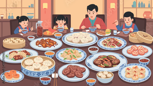 family enjoying traditional Chinese dim sum feast with various dishes in hand drawn style