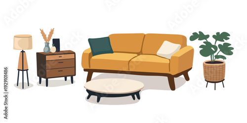 contemporary living room furniture arrangement in stylish urban apartment