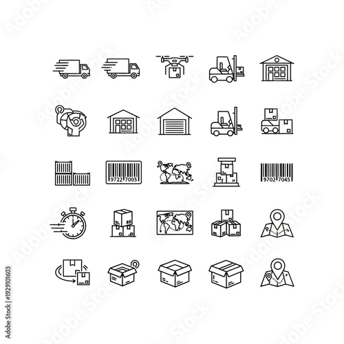 Logistics and Delivery Icons Set - A Comprehensive Collection of Outline Symbols for Shipping and Warehouse Operations.